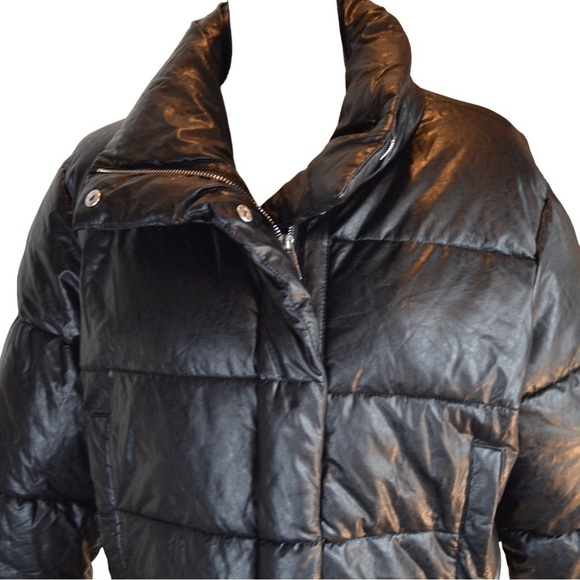 LA Coalition Vegan Leather Look Black Cropped Puffer Jacket, Large - Picture 3 of 14